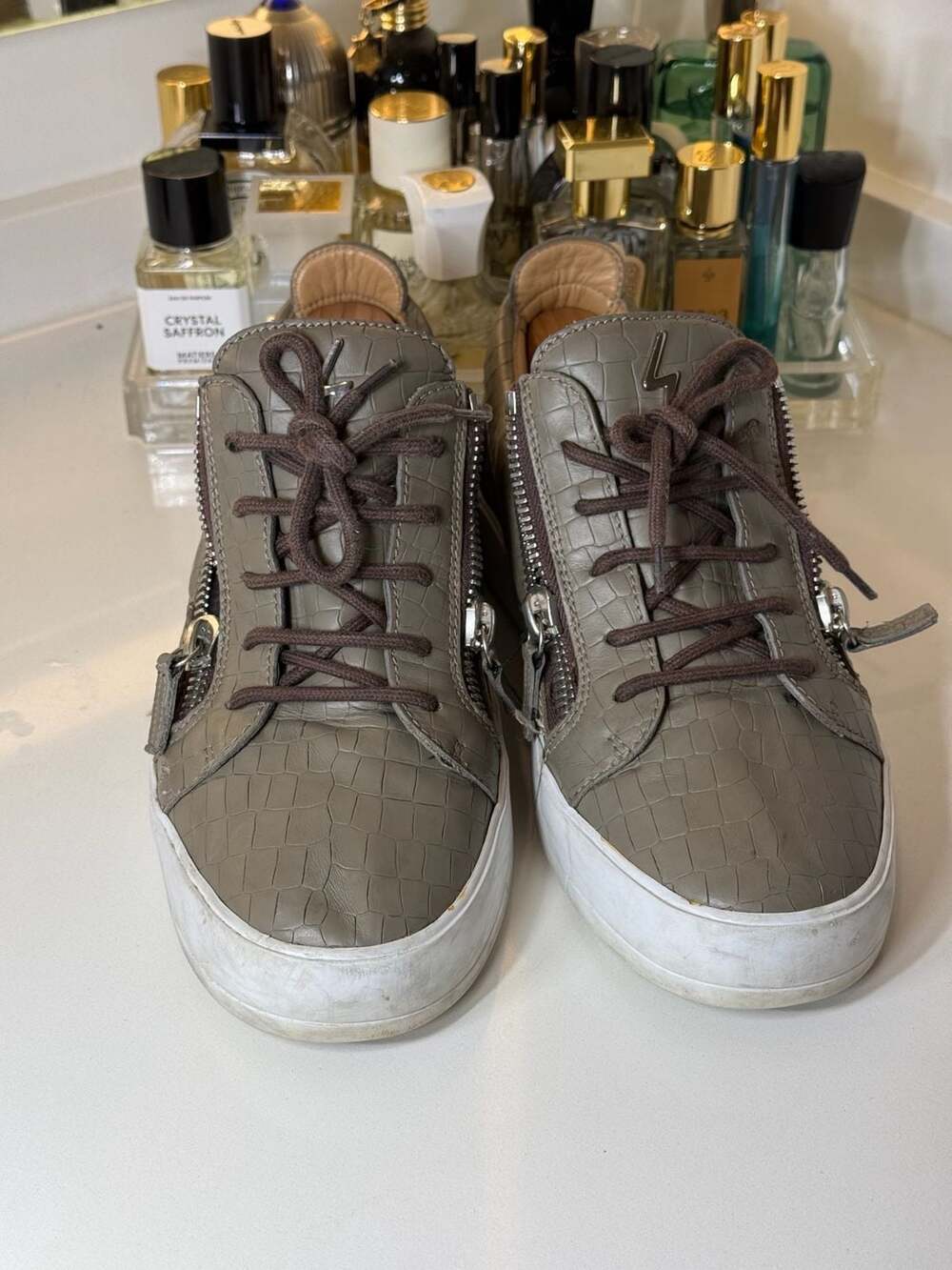 Giuseppe Zanotti Frankie Taupe Grey Croc-Embossed Double-Zip Low-Top Sneakers - Picture 7 of 9